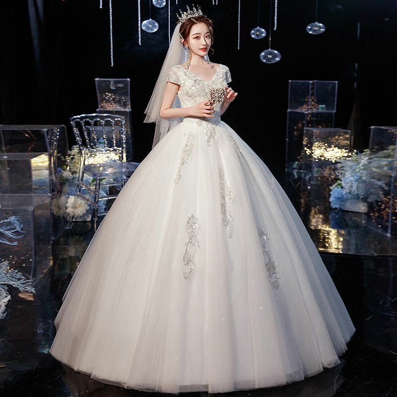 ウェディングドレス ウエディングドレス フォーマル ブライダルドレス Vカット 可愛い花嫁ドレス フリルボリュームドレス 結婚式披露宴演奏会ドレス 海外挙式 旅行海撮影ワンピー