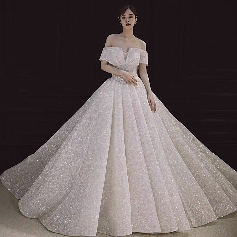 ウェディングドレス 二次会 ロングドレス 花嫁 ウエディングドレス トレーン ウエディングドレス 高級感 ブライダル 結婚式 プリンセスラインドレス オフショル...