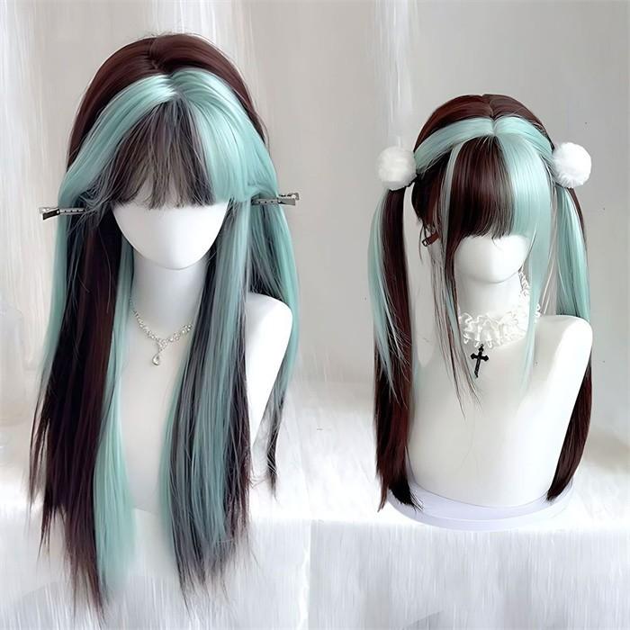 [ セット内容 ]フルウイッグ/ヘアネット【※こちらの商品は、個人差等ございますので、商品ご到着後、お客様ご自身より手くしやカット等多少の調節が必要な場合もございます。】「記載のないアクセサリー、小物等は付属しません」[ カラー ]ミントグリーンxブラウン[ 素材 ]耐熱ファイバー[ サイズ ](cm)フリーサイズ※表記寸法と実寸値の多少の誤差はご容赦ください。※ご注意：詳しいサイズや注意点については、【商品情報・詳細】を必ずご確認ください。ウィッグ レディース ロング ブラック ミントグリーン ツートーン バイカラー 前髪あり ストレート ツインテールアレンジ 個性派 かつら コスプレ 仮装 撮影 ハロウィン イベント 秋先取り mj021x1x1m4サイズ表（cm）フリーサイズ※表記寸法と実寸値の多少の誤差はご容赦ください。注意事項下記項目を必ずご一読頂き、ご了承の上ご注文をお願いします。● 閲覧環境により掲載写真と実際の商品の色合いが異なる場合があります。● モデルに小物を使う場合がございますが商品に含まれません。● 稀ではございますが製造過程・出荷過程で出来る細かなキズ・折りジワ・汚れ・ほつれ等がございます。細部まで気になる方のご購入はご遠慮ください。● 商品の仕様・デザインは製造元の都合により予告なく変更することがあります。また、突然の欠品等で商品手配の遅れや手配ができない場合がございますので、ご了承ください。● 海外製品のため品質表示タグのついていない商品もございます。● 万が一商品に不備があった場合の返品・交換は商品到着後5日以内とさせていただいております。期日以降はお受け致しかねます。● 土日祝祭日のご注文およびお問い合わせへの弊社からの回答は翌営業日以降となります。結婚式やイベントにて、ご友人と同じ商品をそれぞれ別にご購入予定のお客様へ● ご友人と同日にご注文・ご入金をお願い致します。（難しい場合、ご注文前にご相談ください）● ご注文の際にご注文手続きページにて【同じ商品を希望するご友人のお名前】欄に、該当するご友人のお名前を必ずご記入ください。● 製造元の都合により稀に商品の仕様（色味やデザイン等）が予告なく変更する場合や複数店舗販売の関係上、在庫切れが起こる場合がございます。● ご友人のお名前のご記入がなかった場合や、別日でのご購入、またはご入金が遅れてしまった等の理由による在庫切れ・仕様変更によるデザインの相違があった場合の交換、返品等は受け付けることができなくなりますのでご注意願います。お買い物ガイド　＞