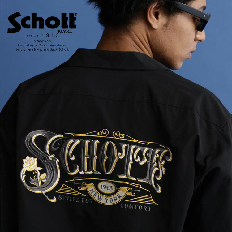 ★SALE |Schott/ショット 公式通販 |T/C WORK SHIRT ROSE EMBROIDERED/ 刺繍 ワークシャツ 半袖 ブラック ブルー オレンジ グリーン 23ss