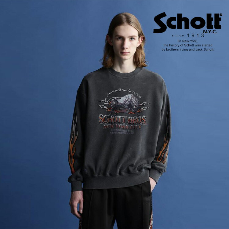 ★SALE |★SALE |Schott/ショット 公式通販 |Schott/ショット 公式通販|PIGMENT O/D CREW SWEAT"BULLFIRE"/ピグメント クルースウェット 'ブルファイア' 23SS ※セール品につき交換返品不可※セール品につき交換返品不可