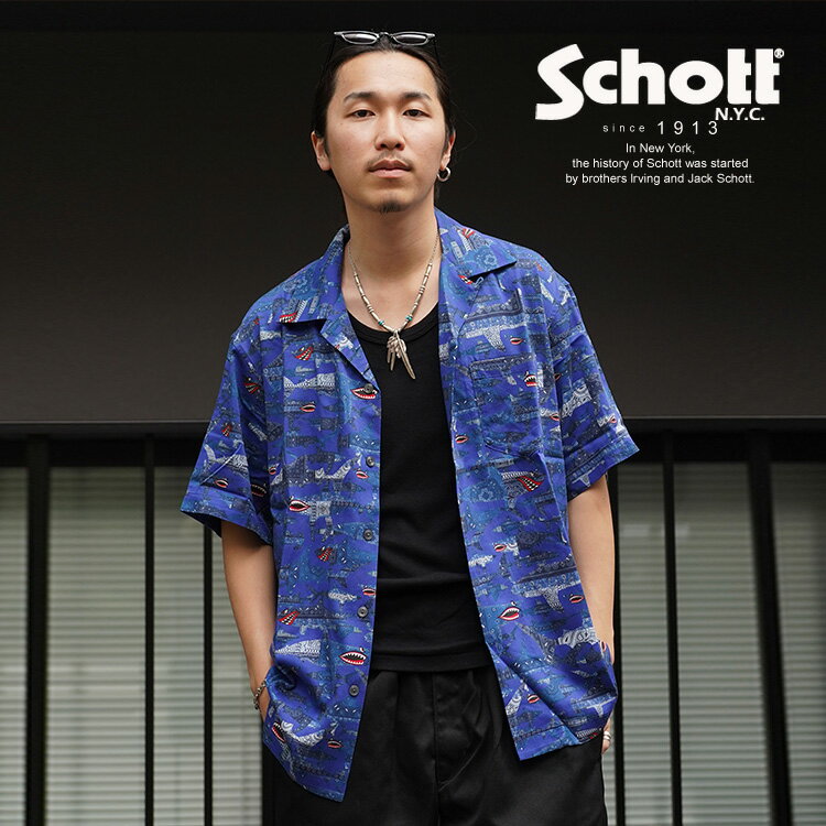 ★SALE Schott/ショット 公式通販 WEB LIMITED HAWAIIAN SHIRT BANDANA SHARK/ハワイアン シャツ バンダナシャーク 半袖 アロハ 23ss ※セール品につき交換返品不可