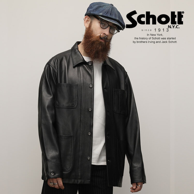 未使用級✨ schott×HUF レザージャケットカバーオール黒M 刺繍 未使用級✨ schott×HUF レザージャケットカバーオール黒M 刺繍