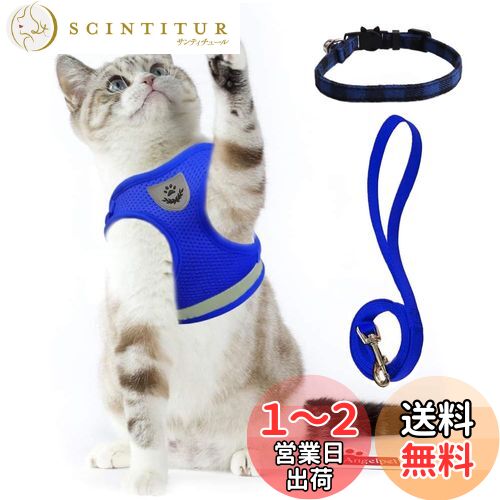 猫 猫用 ハーネス 胴輪 首輪 犬猫兼用 小型犬 ウサギ ソフト胸あて リード付き 抜けない 夜反射 メッシュハーネス 通気性 超軽量 サイズ調節可能 マジックテープ式装着 反射ストライプ付き お散歩用 ポリエステル素材（猫用ハーネス＋猫首輪） (M, ブルー)