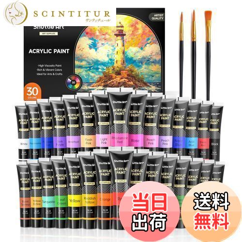 【送料無料】Shuttle Art アクリル絵の具 アクリル顔料 30色セット ペイントブラシ3本付き 速乾 耐久 チューブ 36ml 手作り 布/石/ガラス/...