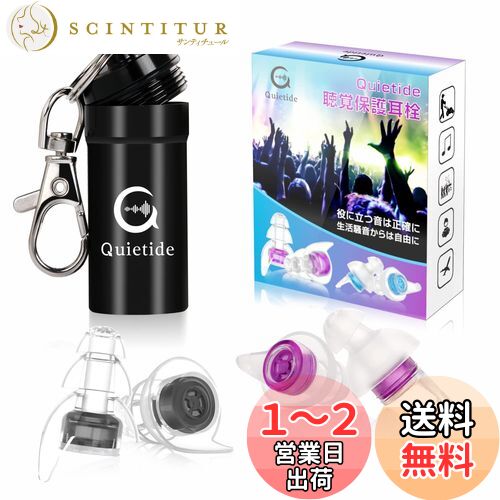 ライブ用耳栓 Quietide 耳栓 ライブ イヤープロテクター 聴覚障害予防 コンサートやフェス、クラブなどで大音量の音楽を楽しむ方向け 水洗い可能 繰り返し使用可能 携帯ケース付き 日本語説明書付 Q6 ブラックと紫 カップルお揃い 親子お揃い