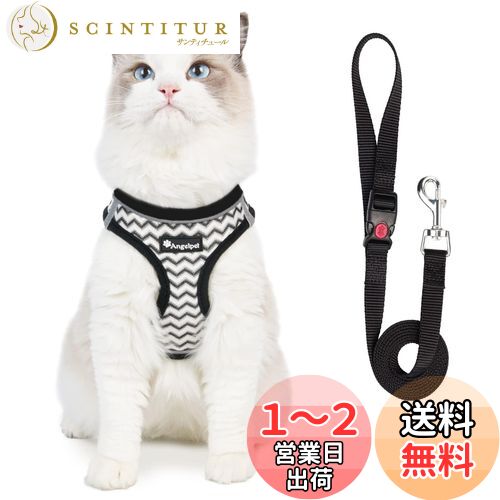 Angelpet 猫用 ハーネス 猫 ハーネス 抜けない ねこ 胴輪 リード付き 通気メッシュ ダブルロック 夜反射ストライプ付き ネコ ハーネスとリードセット 犬猫兼用 小型犬 超軽量 おしゃれ 散歩 出かけ用 簡単脱着 (ハーネスセット-標準版, M)
