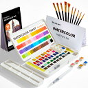 Shuttle Art 固形水彩 48色セット 固体水彩絵の具 ハーフパン ペイントブラシ10本 水筆ペン 水彩紙 パレット付き 透明 半乾き 溶けやすい 速乾...