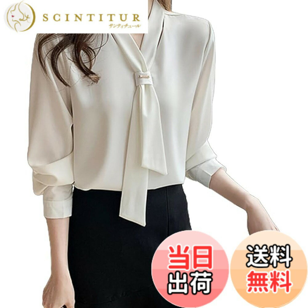 【送料無料】[HuuMeNEIDOO] ブラウス レディース vネック シャツ 長袖 シフォン トップス 薄手 無地 ボンタイ付き ワイシャツ 体型カバー 着せ おしゃれ オフィス 通勤 春 夏 秋 色：ホワイト、サイズ：XL