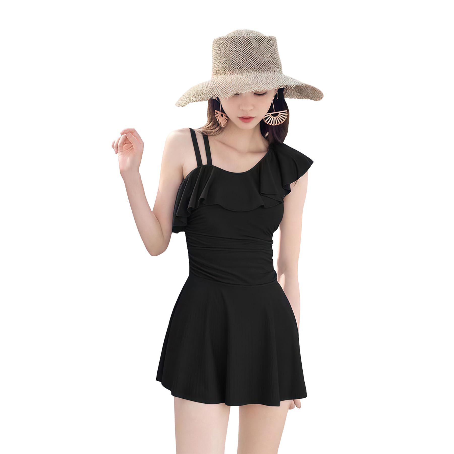 【送料無料】[Lalapala] 水着 ワンピース レディース ワンショルダー パッド付き フリル ハイウエスト スイムウェア 温泉水着 体型カバー 大人 女性 肌触り良い ビーチウエア 夏 温泉浴 ビーチ 海外旅行 ビーチウエア 着せ 水陸両用 色：ブラック、サイズ：XL