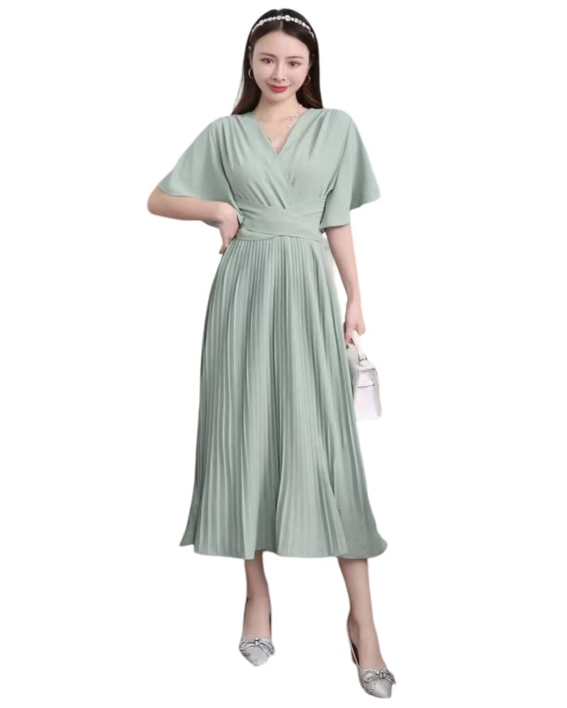 【送料無料】[Collecala] 夏ワンピース レディース大人ロングシャツワンピース プリーツスカート ミモレロングonepiece フレア半袖ドレス 韓国風ウエストリボンつきdress 9色展開 色：ミント、サイズ：M