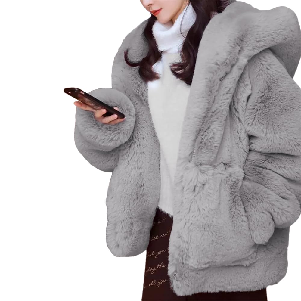 【送料無料】[H.U.A] レディース ボアブルゾン ボアジャケット モコモコ ユッタリ 秋 冬 S-2XL 色：グレー、サイズ：2XL