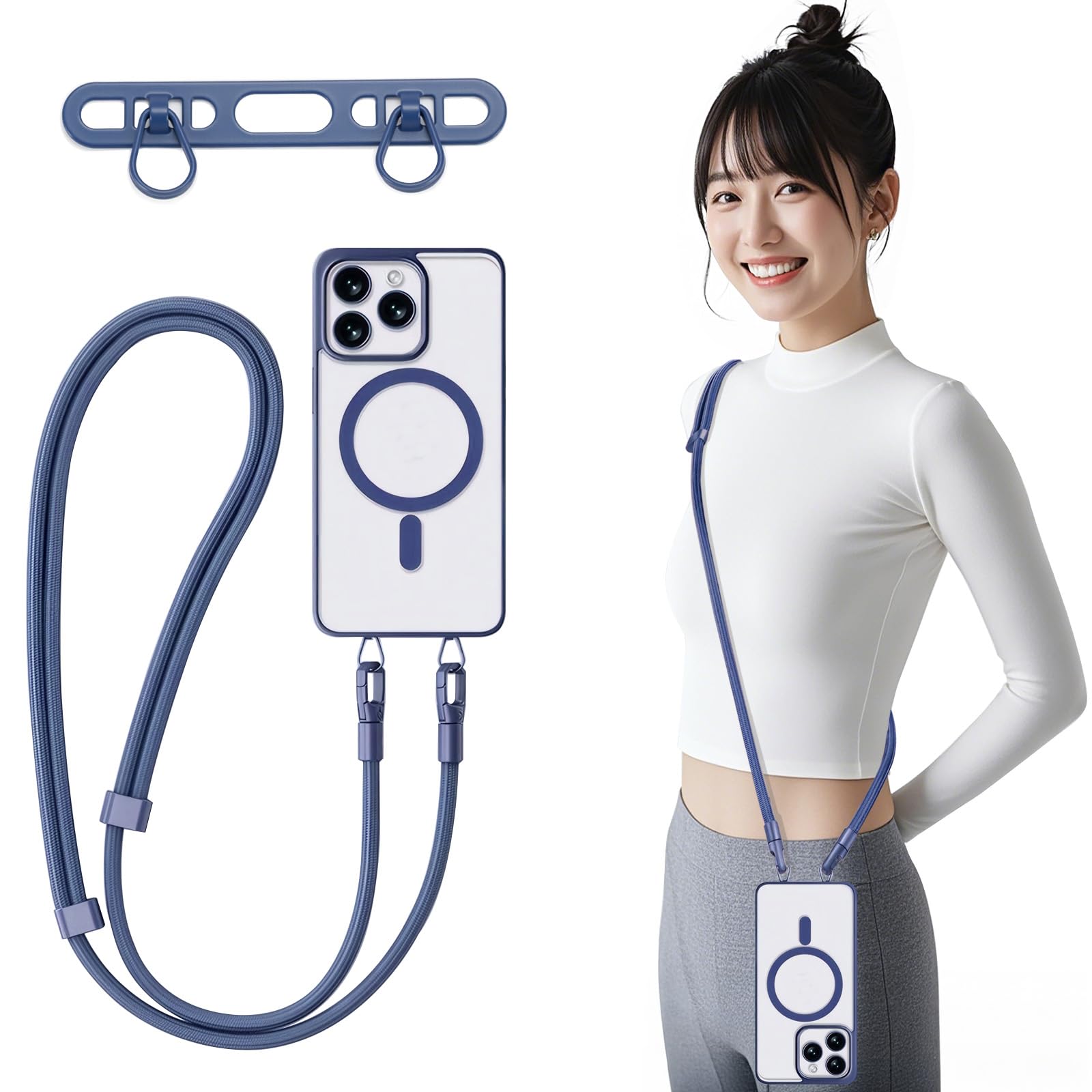 【送料無料】[Chisafly] スマホショルダー スマホ ストラップホルダー 携帯ストラップホルダー 斜め掛け 肩掛け 首掛け 2口 長い 丈夫 全機種対応 長さ調整可能 充電しやすい 落下紛失防止 ブルー 色：ブルー、サイズ：40cm - 80cm