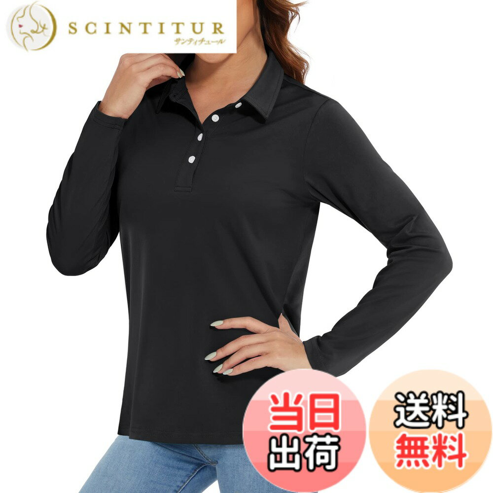 【送料無料】[KEFITEVD] ポロシャツ レディース 長袖 吸汗速乾 ゴルフウェア tシャツ uvカット UPF50+ スポーツ トップス ストレッチ テニスシャツ 軽量 薄手 ビジネス 作業着 色：ブラック、サイズ：3XL
