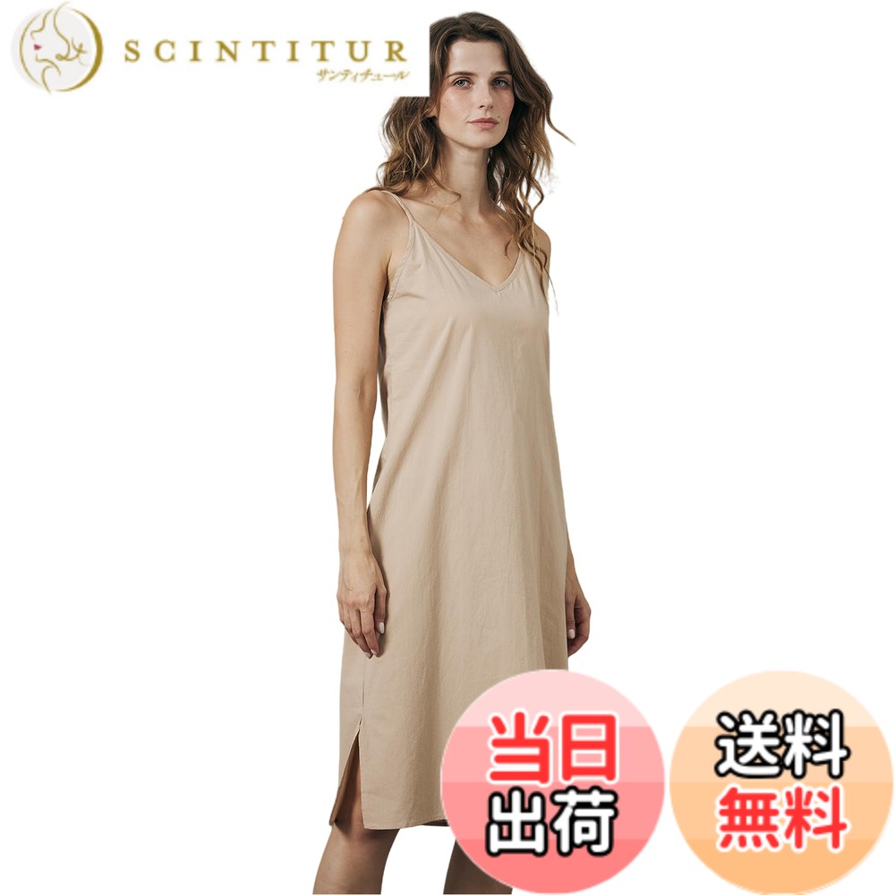 【送料無料】[BEAUTELICATE] インナーワンピース ペチコート ワンピース 綿100％ スリップ ロング Vネック スリット 肩紐調節 透け感対策 色：ベージュ、サイズ：3L