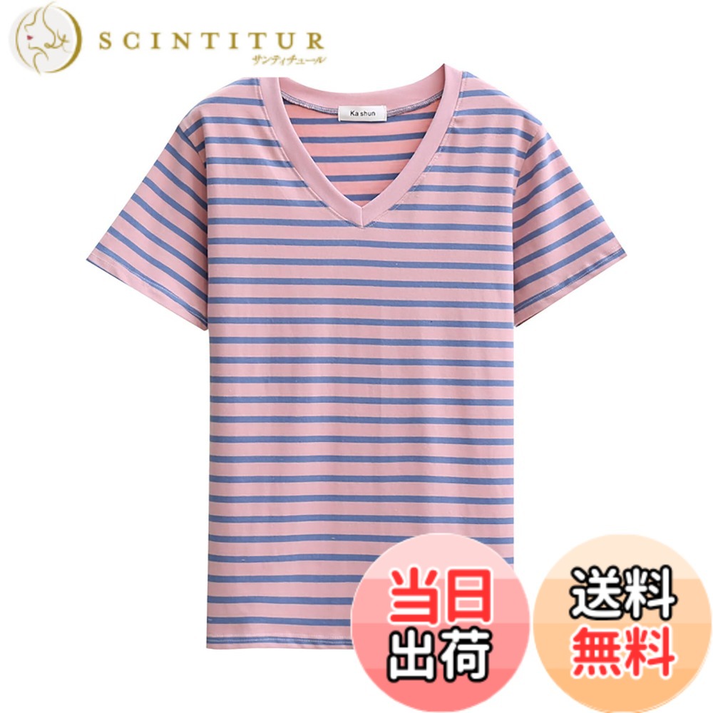 【送料無料】[zuevichn] レディース 半袖 Tシャツ vネック トップス カジュアル ストライプ 夏服 ボーダー カットソー 薄手 ゆったり 綿 色：ピンク、サイズ：M