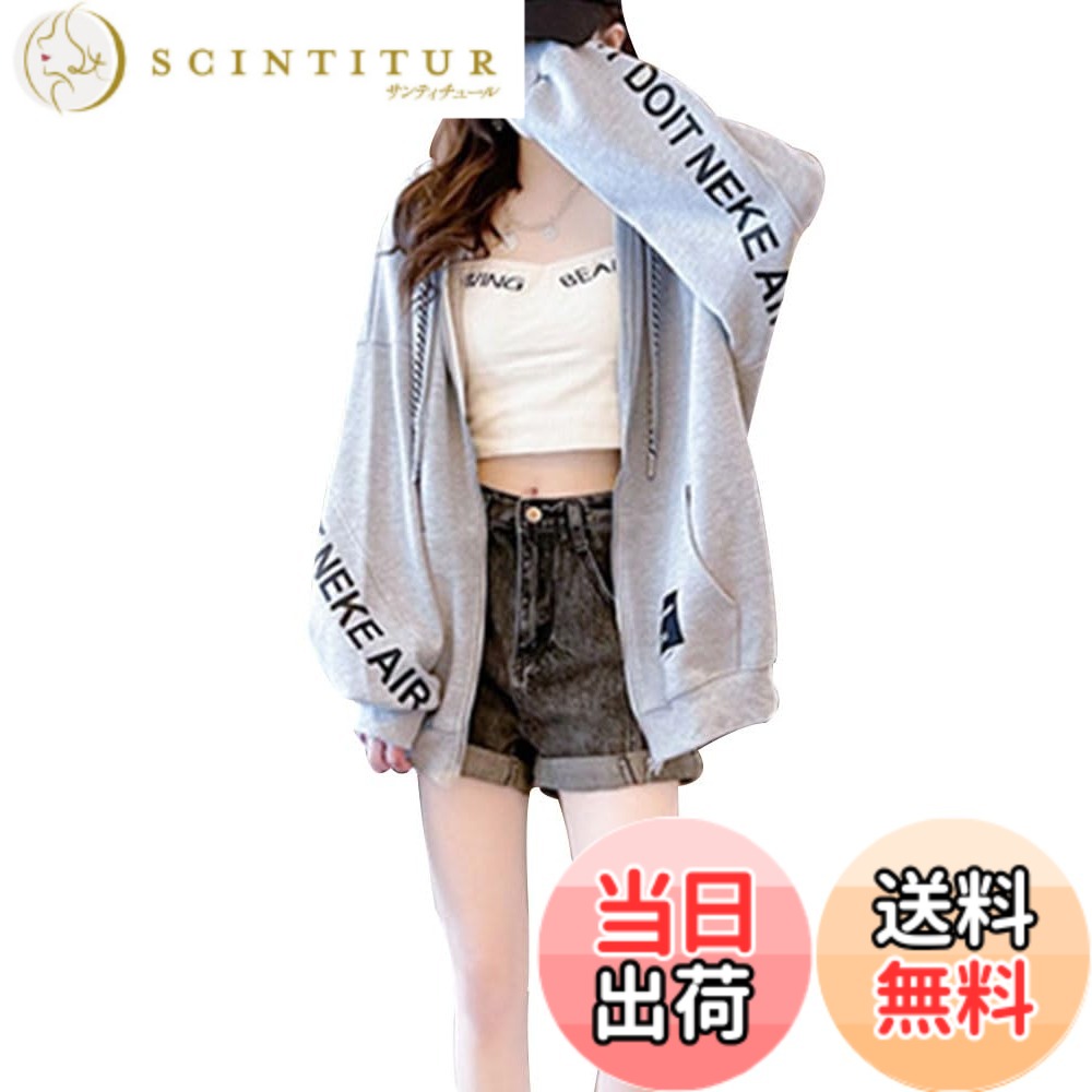 【送料無料】LIYURLTA パーカー レディース 薄手 ゆったり オーバーサイズ 長袖 韓国風 ファッション カジュアル トップス 春 秋 LIY72 (JP, アルファベット, XL, グレー) 色：グレー、サイズ：XL