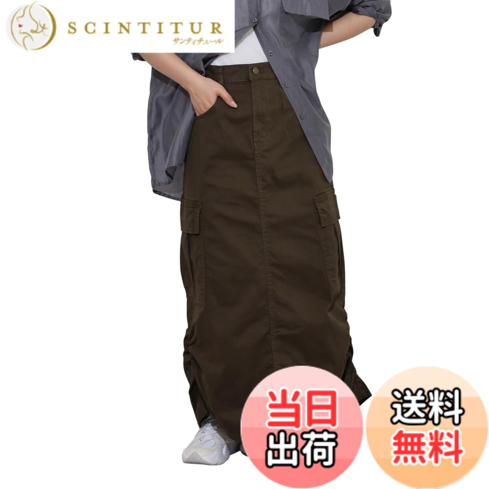 【送料無料】[atONE] ATC-0055 カーゴスカート ロングスカート ツイル ストレッチ ギャザー スリット 大きいサイズ レディース 色：カーキ、サイズ：L