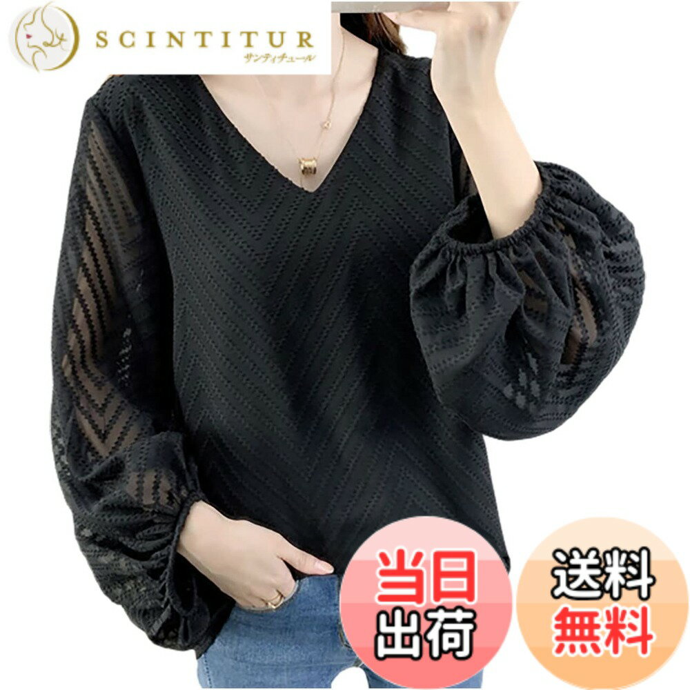 【送料無料】[エムエルーセ] バルーン袖 シフォン ブラウス ゆったり トップス 長袖 Vネック 春 夏 秋 レディース 色：ブラック、サイズ：3XL