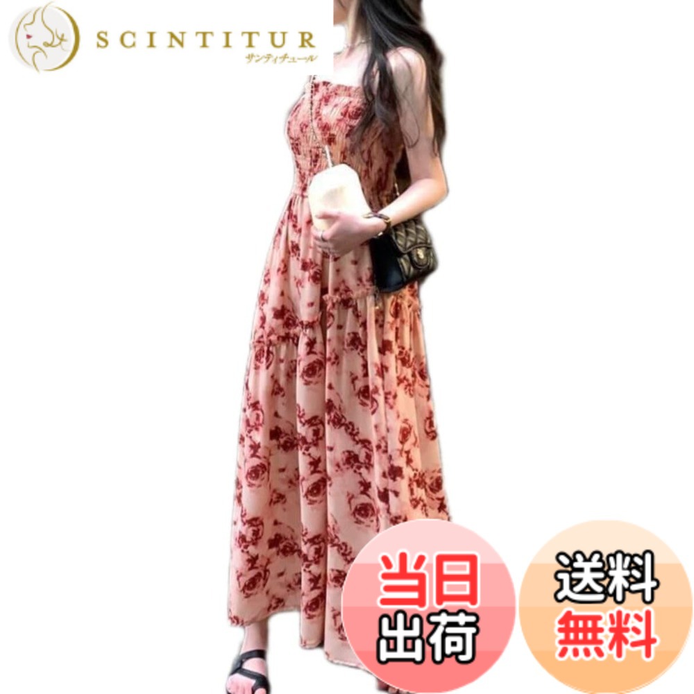 【送料無料】[KKAERDIYA] ファッションレディースカジュアル 花柄ワンピース キャミワンピースG64002 色：レッド、サイズ：M