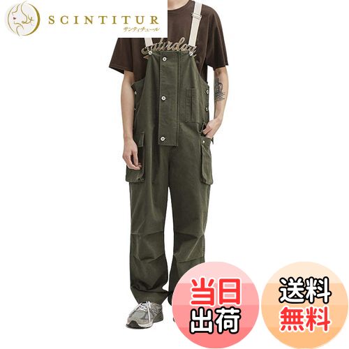 【送料無料】[Maioule] オーバーオール ソリッドカラー マルチポケットサロペットパンツ ゆったりロン..