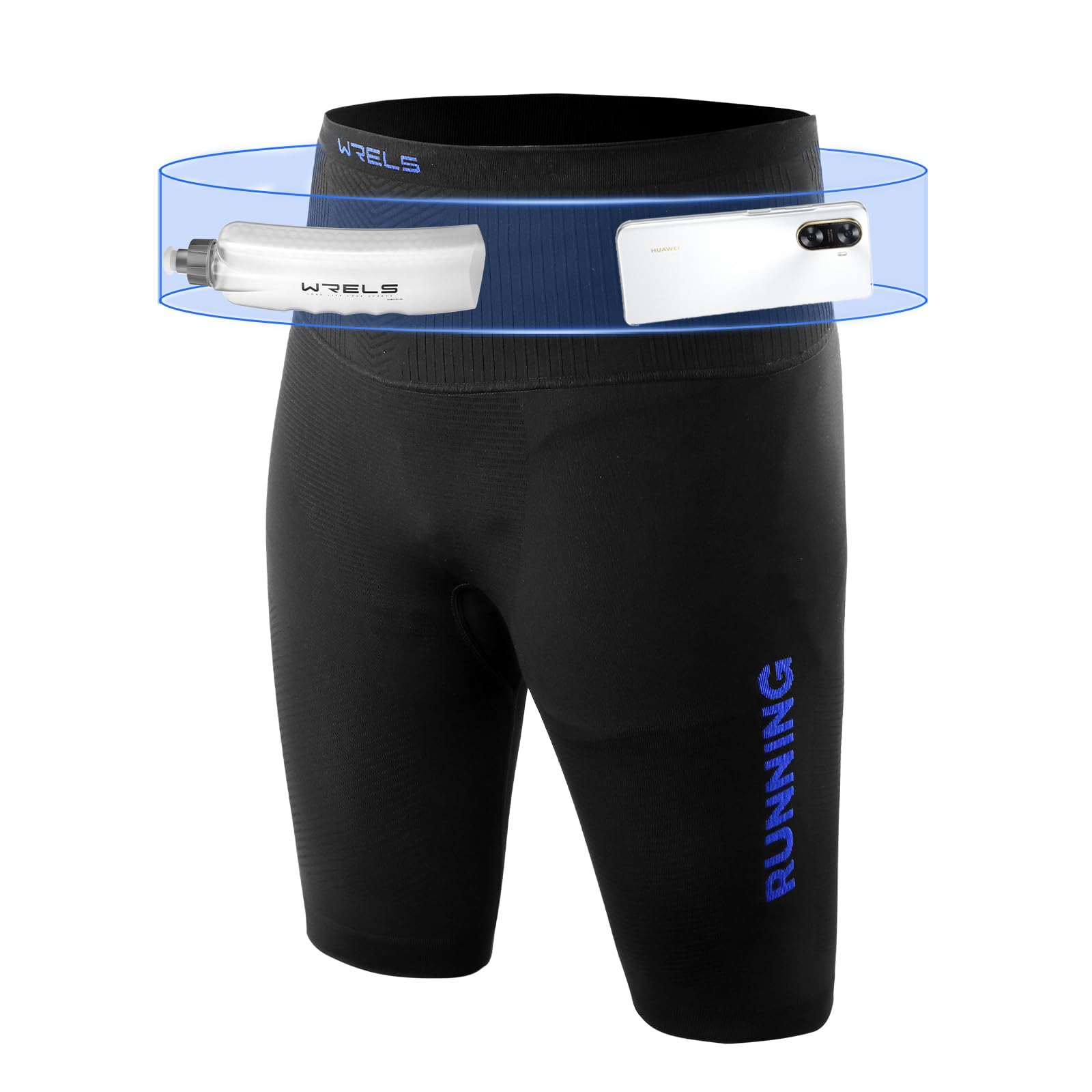 【送料無料】[WRELS] スポーツレギンス ランニングタイツ ショート ランニング レギンス メンズ 夏用 トレーニングパンツ ハーフ マルチポケット ヨガパンツ スポーツウェア 吸水速乾 通気 ストレッチ 色：ブルー、サイズ：XL