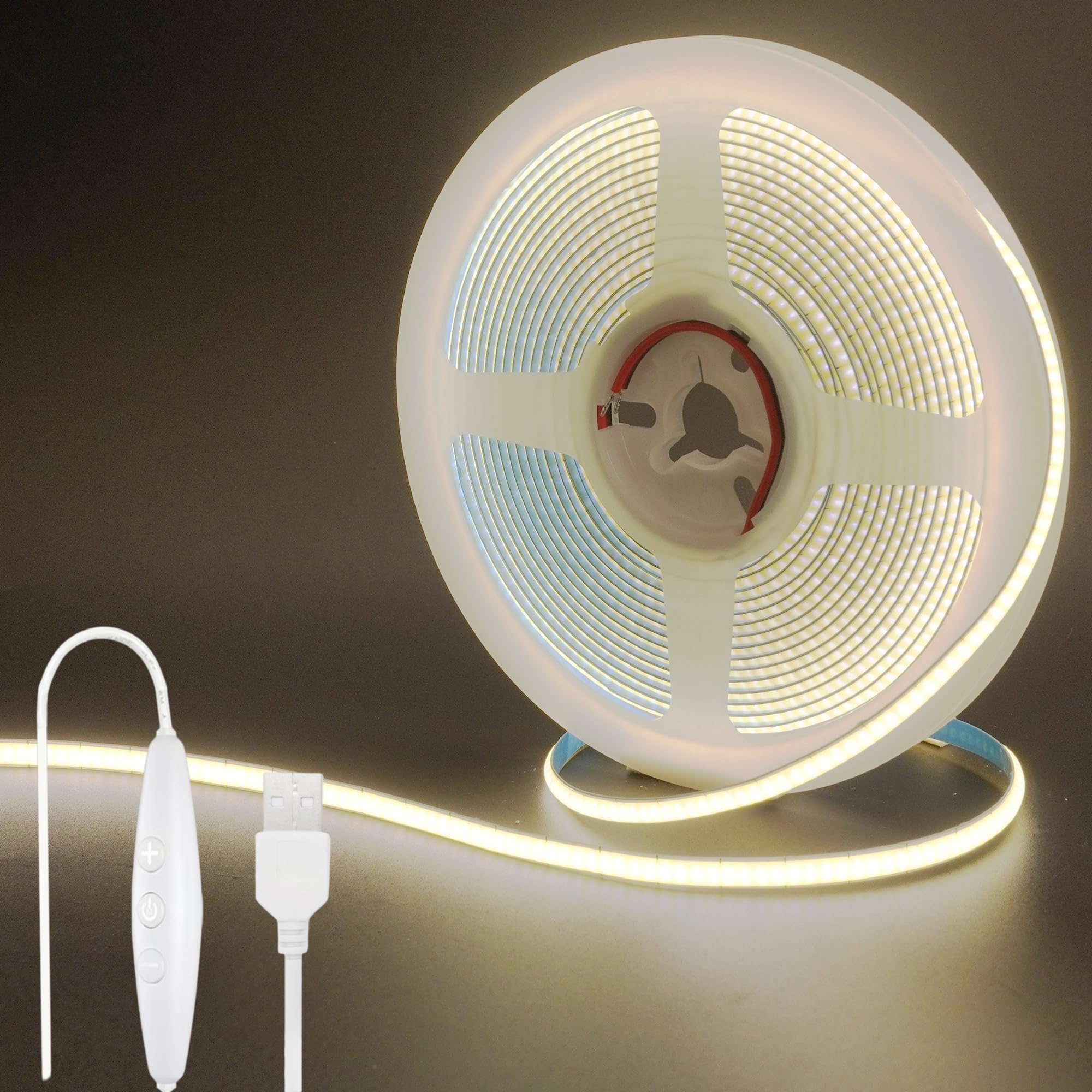 【送料無料】クリアヒル（Clearhill）5V 幅5mm COB LEDストリップライト 調光可能 3M ナチュラルホワイト 4000K 400LEDs/M、8W/M、CRI90、1500lm、メッキ加工両面パネルライトストリップ 非防水IP20 5段調光、1.5mケーブル DIY 家庭のインテリア用