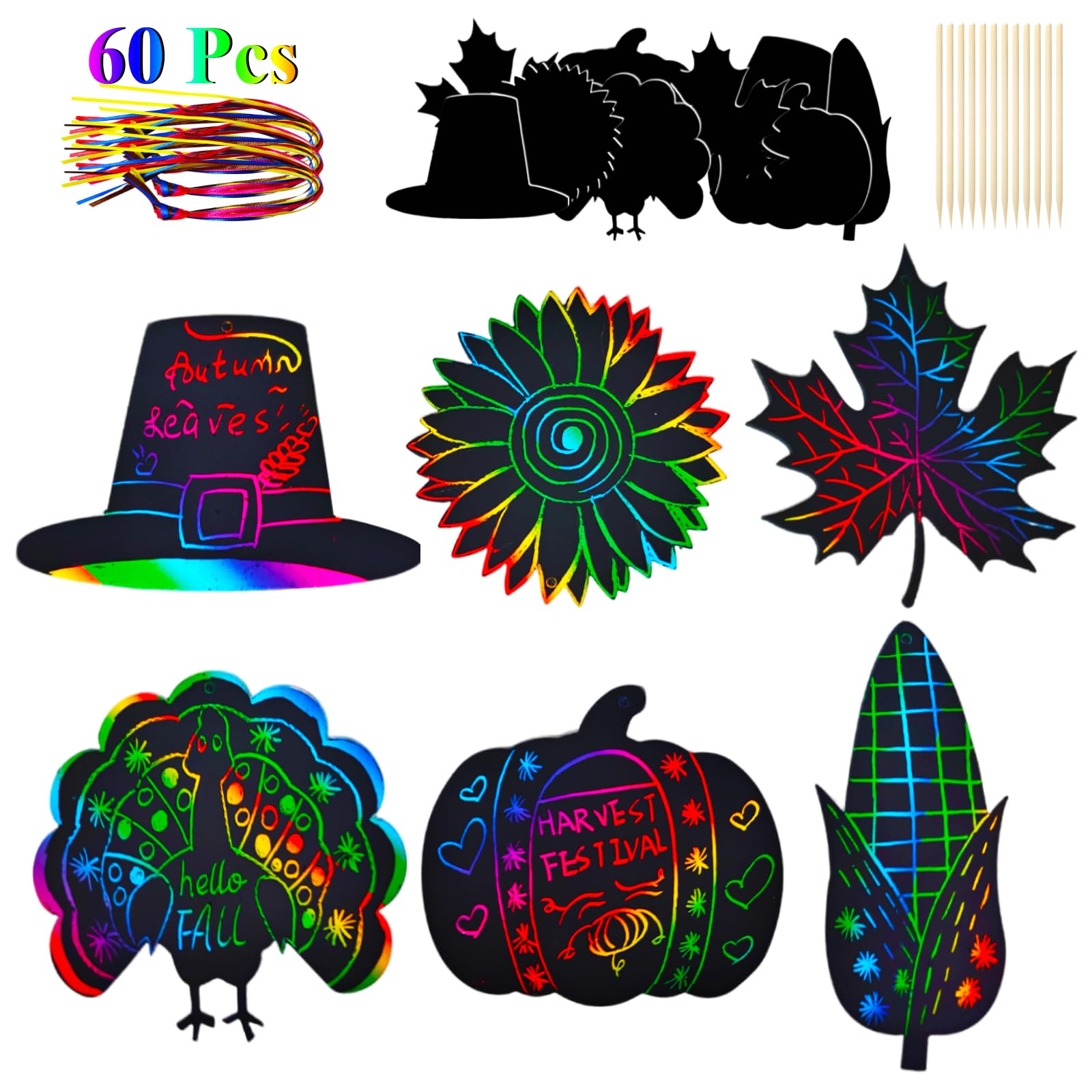【送料無料】seimeinoki 60枚セット スクラッチアート 秋 スクラッチペーパー 感謝祭 スクラッチオフ アート トウモロコシ 紅葉 カボチャ 七面鳥 カエデ スクラッチアートペン付き 塗り絵 虹絵 ハンギングオーナメント マジックアート クラフト用品