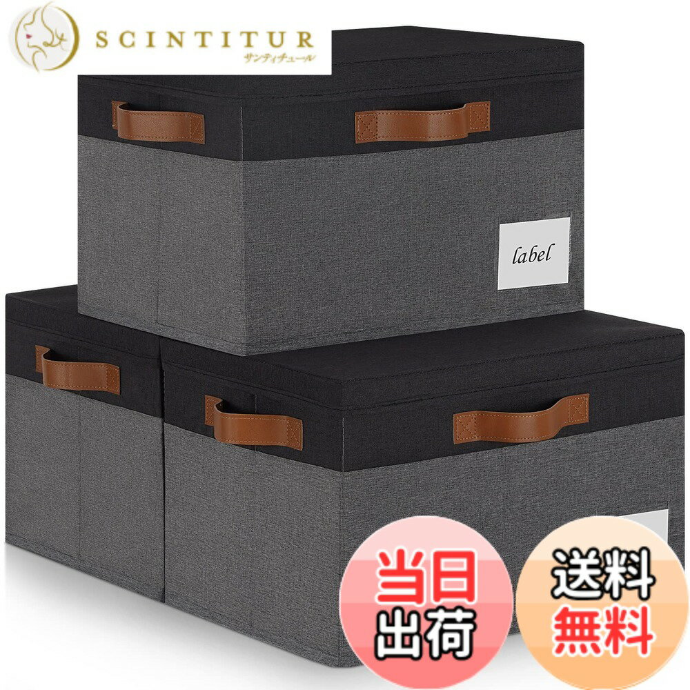 【送料無料】LHZK 収納ボックス 蓋付き 幅40x奥行30x高さ26cm 3点セット 折りたたみ式 収納ケース ハンドル付き 分類用ラベル 丈夫なキャンバス生地 ボックス 整理用 カラーボックス (特大 - グレー, 蓋付き - グレー/ブラック)
