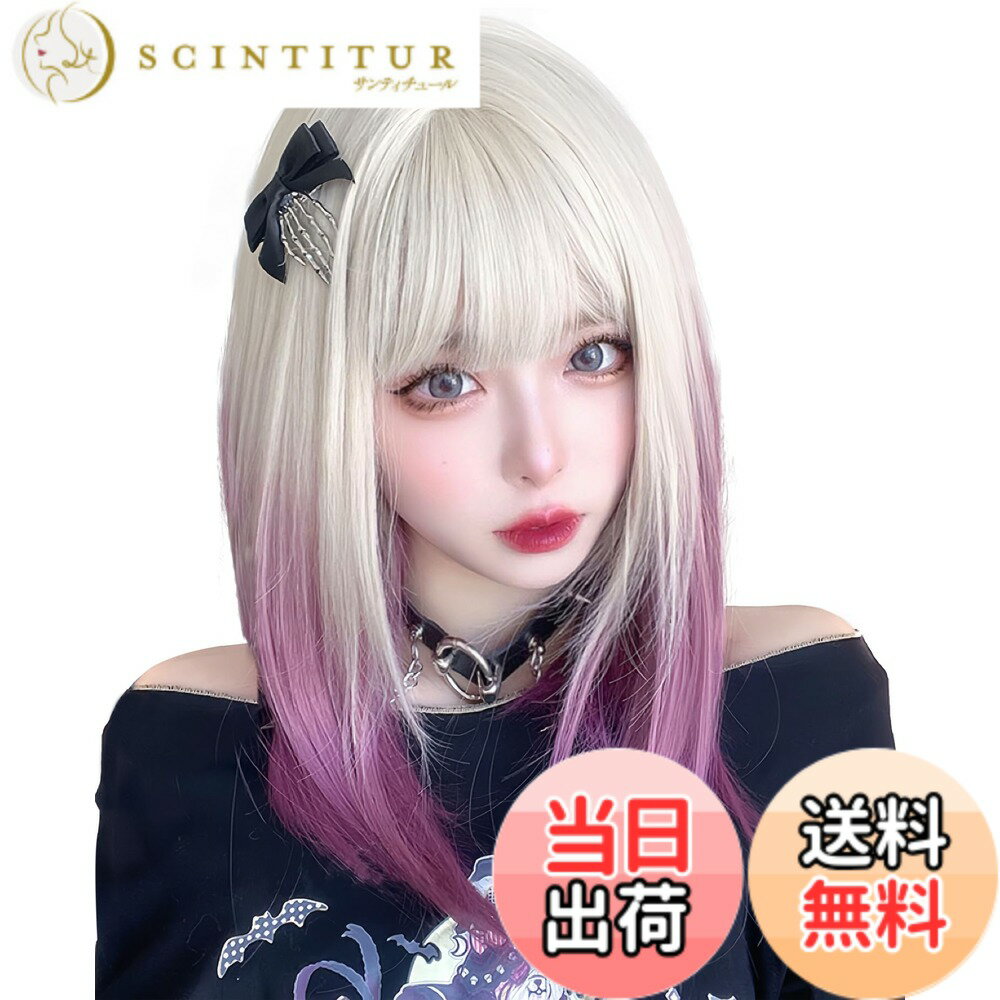 【送料無料】Limakaraウィッグ セミロング ストレート かつら フルウィッグ グラデーション インナーカラー 可愛いギャル 自然 ロング 女性 小顔 人気 耐熱 wig 原宿 ネット/櫛付き (グラデーション（ベージュ/パープル）)
