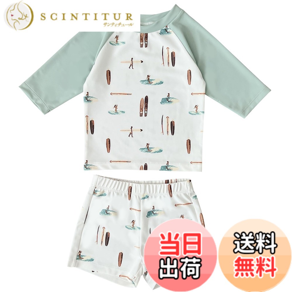 商品情報商品の説明主な仕様 着回し自在のキッズ水着セット：色使いがかわいいラッシュガード・サーフパンツとキャップがセットで登場。UPF50+の紫外線対策は、夏の日差しからもしっかりガード。兄弟や友達とのお揃いも楽しめる、80-130サイズの幅広いサイズバリエーションをご用意いたしました。着心地のよい素材：従来の素材より高い速乾性を実現、耐磨耗性・耐久性に加え毛玉になりにくい特徴があるリサイクルポリエステル素材を使用、ポリウレタンを配合することで伸縮性もあって動きやすいのにサラッとしたドライな着心地。元気に泳ぐ子どもたちにピッタリです。優れたUVカット効果：普通にTシャツを着るようにかぶって着られます。強い日差しから素肌を守るラッシュガードタイプになっており、UVカット加工を施した遮蔽率90%以上の素材を使用しているので、長時間の海水浴やプールでもしっかりキッズの肌を紫外線から守ります。幅広いシーンに対応できる：ニュアンスカラー配色、遊び心溢れる象、シェル、ダックとサーフィンプリントがお子様の可愛らしさを引き立てます。セットアップなので日焼け対策しながらもおしゃれです。海やプール、川遊びはもちろん、水泳練習、スクール授業、温泉、旅行も活躍できます。キャンプやBBQ、ふだんの公園遊びなどもオススメです。商品仕樣：セット内容/ラッシュガード・スイムパンツ・キャップ 素材：ポリエステル、ポリウレタン サイズ：80/90/100/110/120/130 ※着用後は、直ちに真水で手洗いし、陰干しで自然乾燥してください。※タンブル (乾燥機) 乾燥はお避けください。