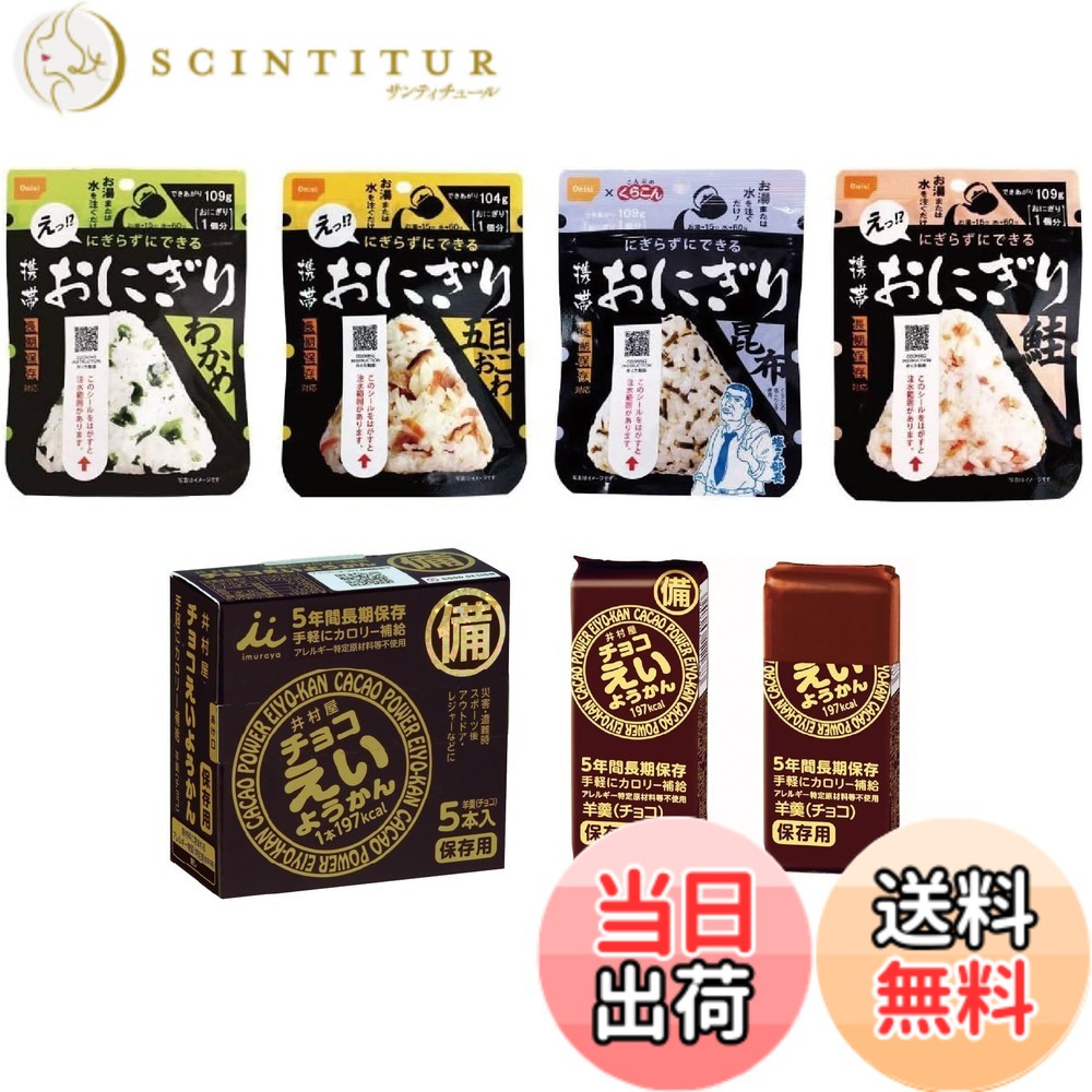 【送料無料】【 非常食・防災食・保存食 】1人分 コンパクトセット 尾西食品 携帯おにぎり109g 4種類セット＆井村屋 チョコえいようかん 55gx5個セット うるち米 長期保存対応 お湯・お水でできる 手軽にカロリー補給