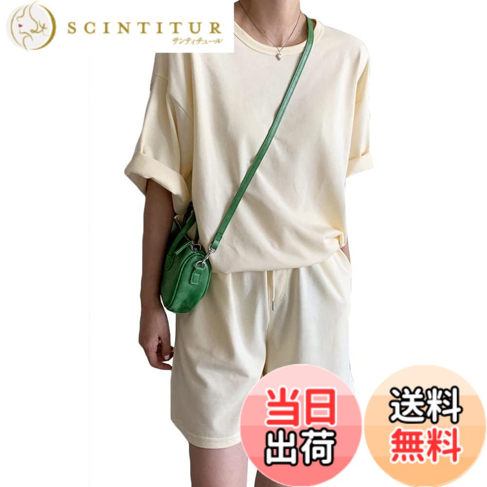 【送料無料】 JudyRose セットアップ Tシャツ パンツ レディース ルームウェア 上下セット 半袖 短パン カジュアル 楽ちん ゆったり 可愛い (ベージュ, M)