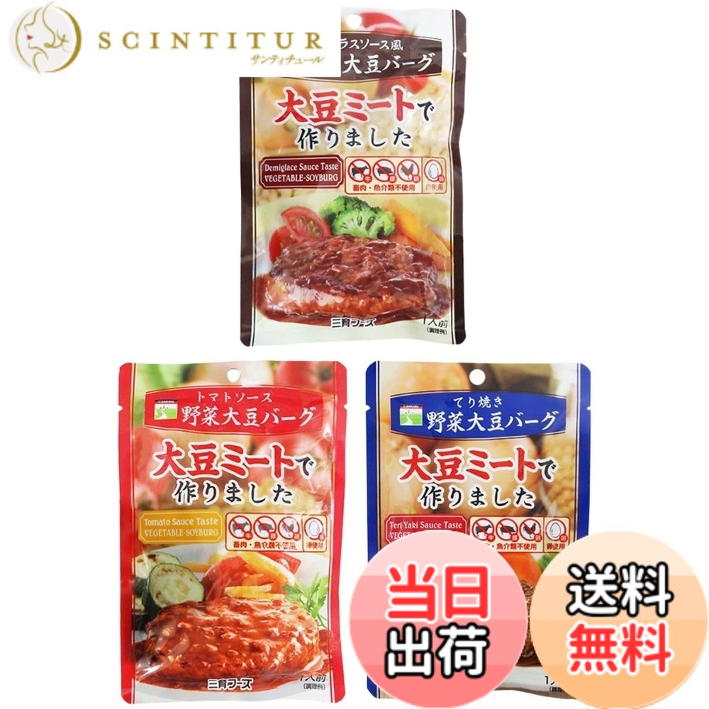 【送料無料】三育フーズ 大豆ミートで作った 野菜大豆ハンバーグ 3種3袋セット ( デミグラスソース・トマトソース・てり焼き) レトルト 大豆バーグ scintitur-11322132 サンティチュール パッケージ画像