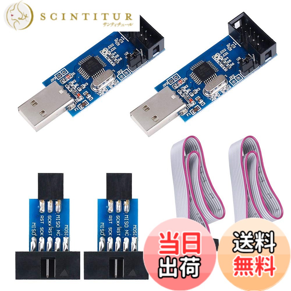 【送料無料】KeeYees USB AVRプログラマ USBasp AVRライタ 51 52 AVRシリーズ 専用ダウンロード用ケーブル付属 10ピン-6ピンISPアダプタ付属 2セット入り