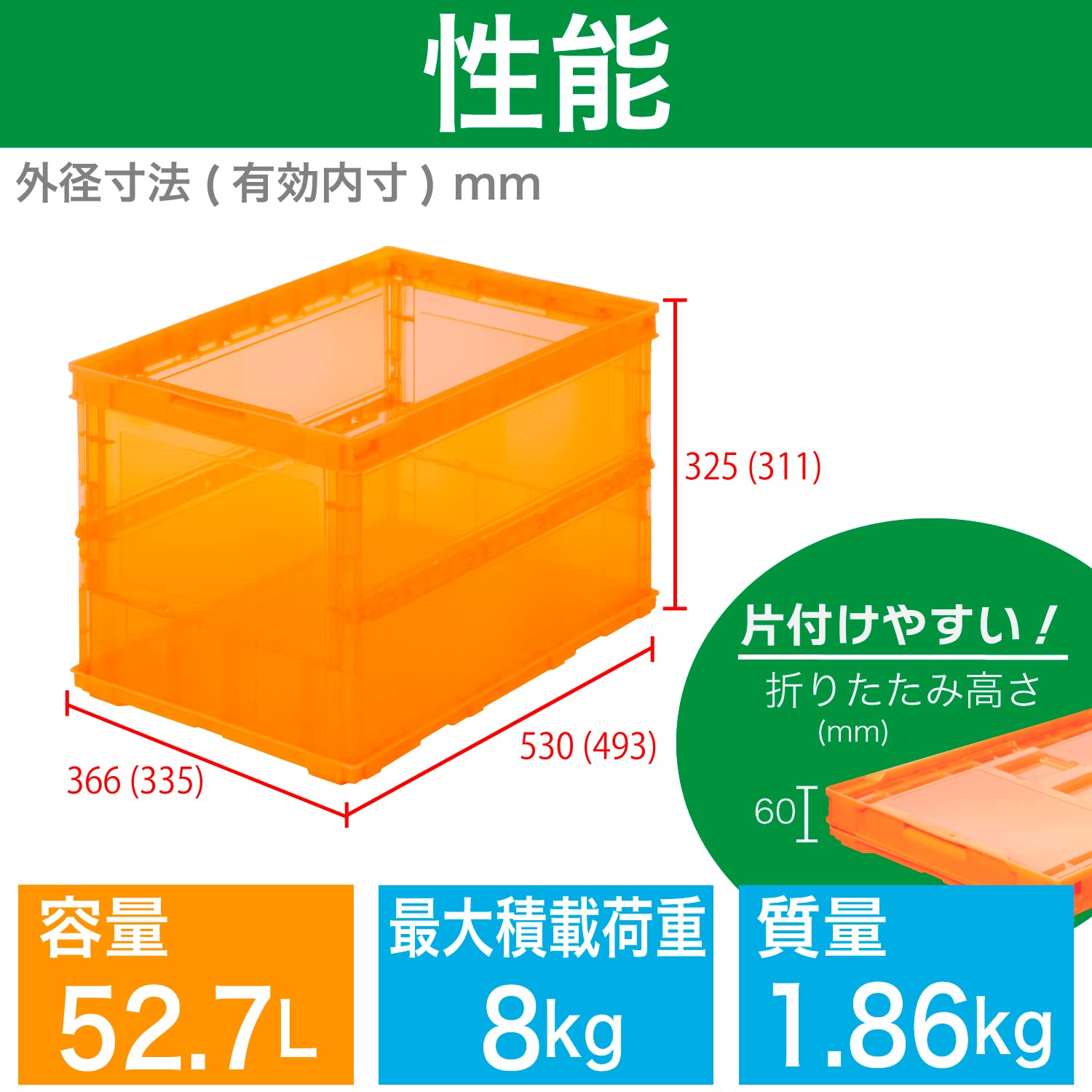 【送料無料】トラスコ中山(TRUSCO) 薄型折りたたみコンテナスケル 50L オレンジ TS...