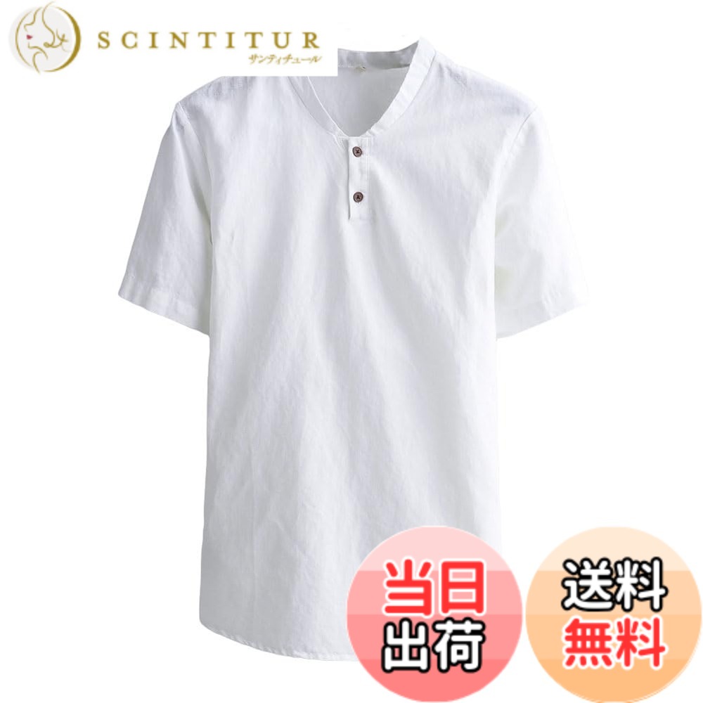 【送料無料】[Blostirno] メンズ リネン リネンシャツ 綿麻 半袖 無地 Tシャツ ヘンリーネック 夏(JT11-WHM)