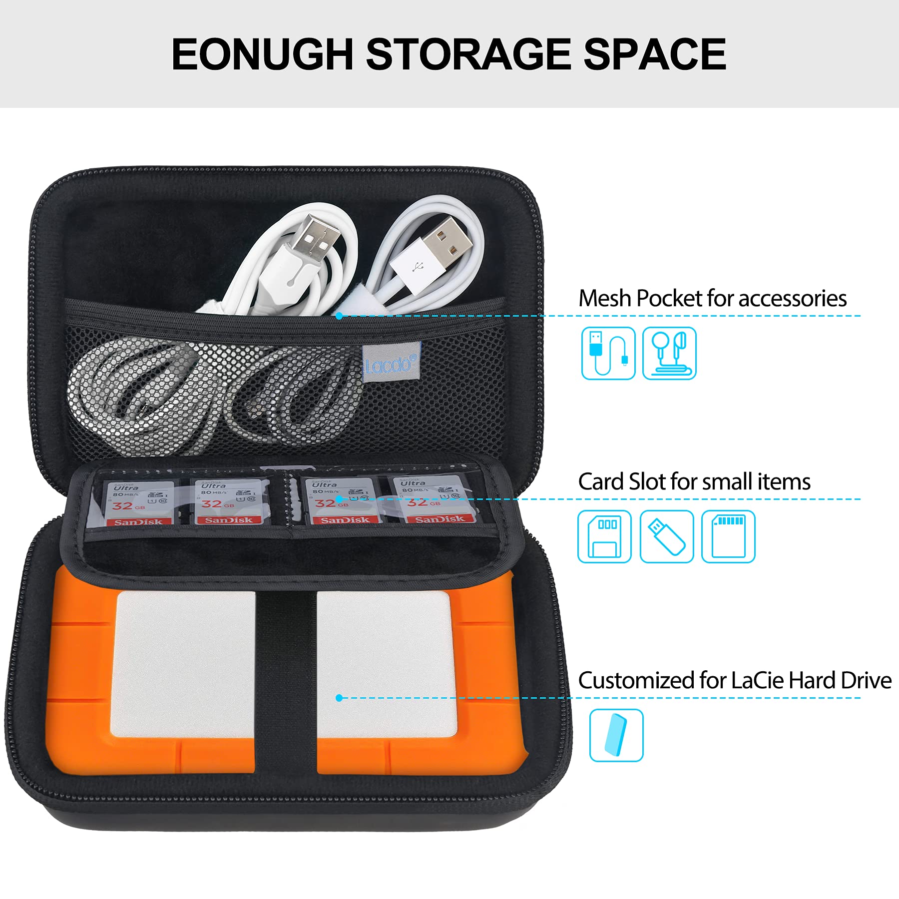 【送料無料】Lacdo ハードドライブ・キャリング・ケース 用 LaCie Rugged/Rugged Mini/Rugged Thunderbolt USB-C 外付けハードドライブ ポータブルHDD LAC9000298 1TB 2TB 4TB 5TB EVA耐衝撃保護ストレージ トラベルバッグ、ブラック scintitur-10226211 サンティチュール サンプル画像2