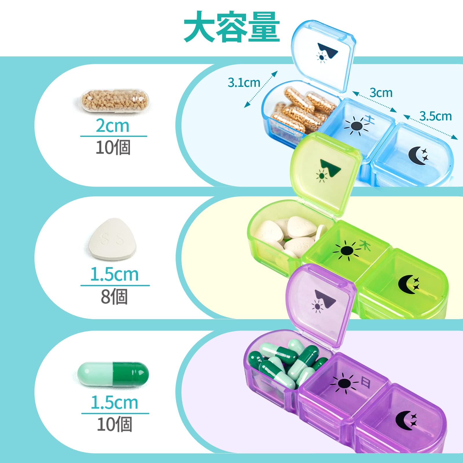 【送料無料】Fullicon 1週間 1日3回 ピルケース 朝昼晩 薬ケース 携帯用 ぴるけーす 持ち運び くすりけーす サプリケース サプリメントケース 「トリオ」(黒/虹色) scintitur-10914426 サンティチュール サンプル画像3