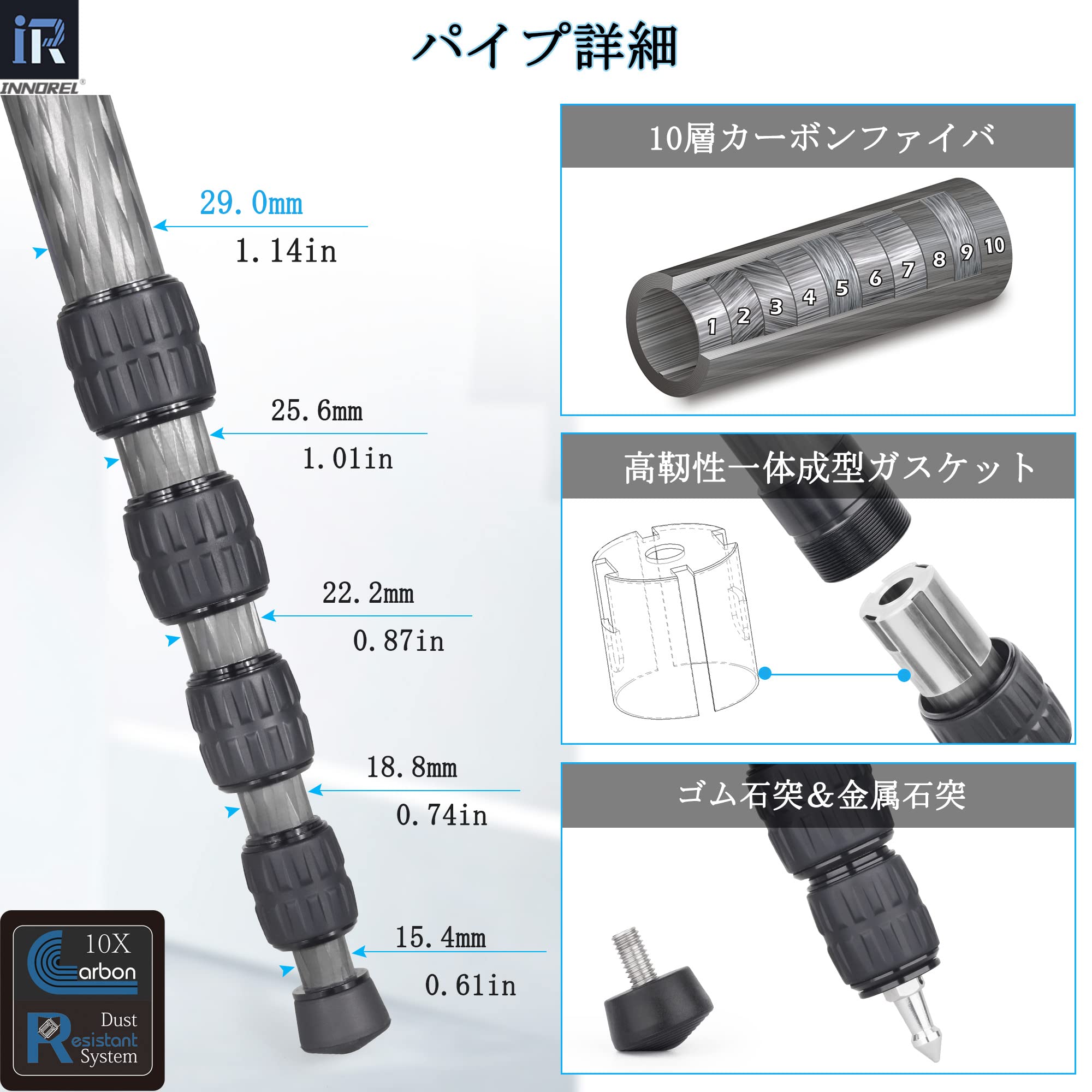 【送料無料】INNOREL 一脚 カメラ用 カーボン製 22lbs/10kg耐荷重 5セクション伸縮可能 コンパクト 便利 軽量 旅行用（RM285C） scintitur-10064126 サンティチュール サンプル画像3