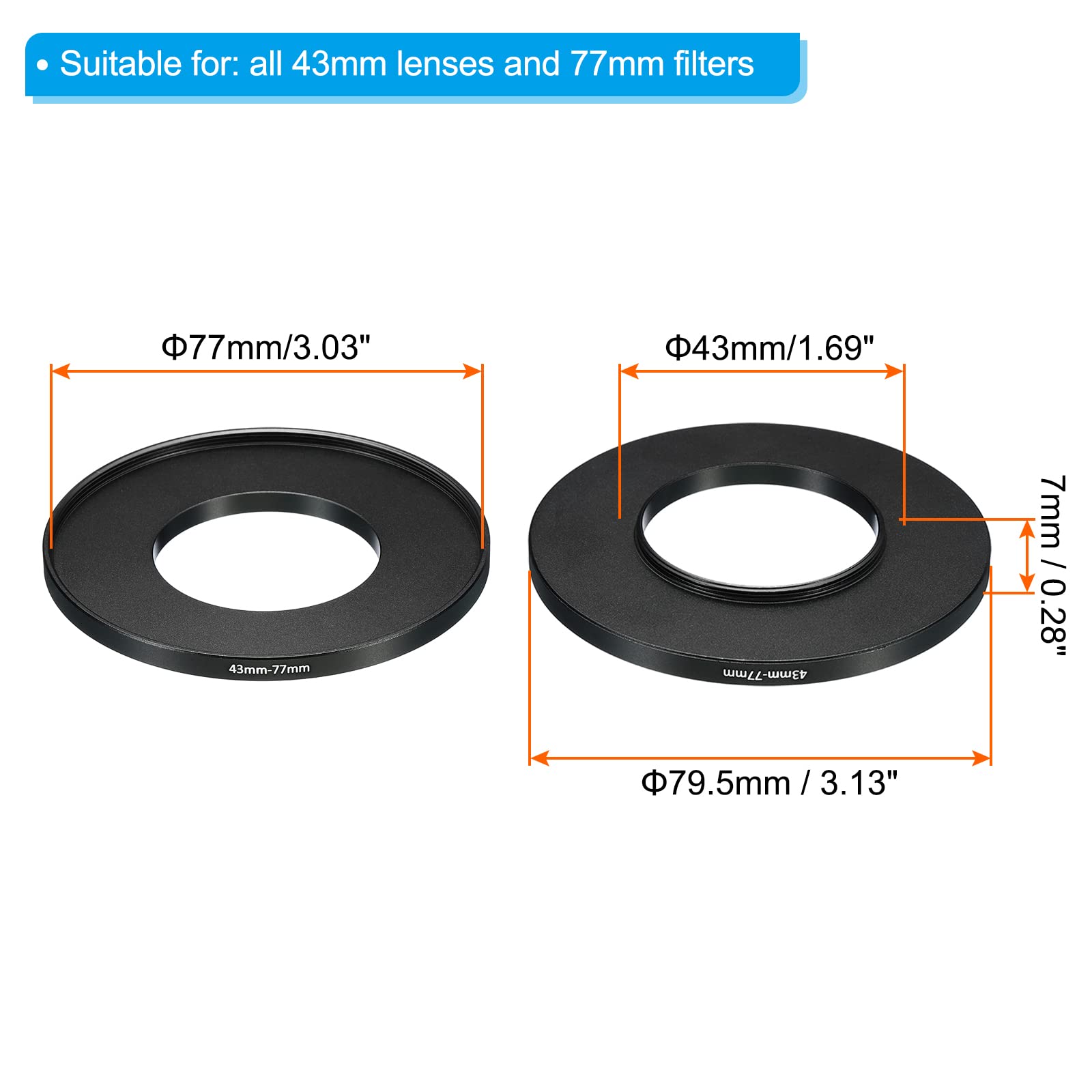 【送料無料】PATIKIL 43 mm-77 mm 金属ステップアップリング 2個 カメラレンズフィ...