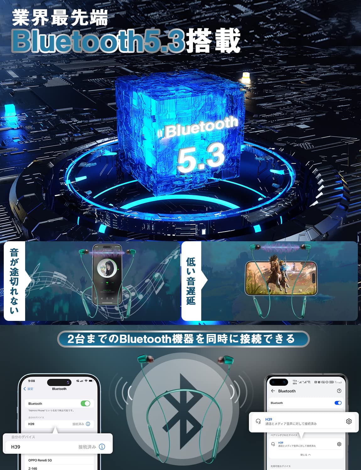 【送料無料】【業界トップ Bluetooth5.3+38時間連続再生】Bluetooth イヤホン ネックバンド型 ワイヤレス CVC8.0ノイズキャンセリング ブルートゥース スポーツ マルチポイント対応 Type-C急速充電 Hi-Fi音質 マグネット搭載 自動ペアリング ハンズフリー通話 軽量 ラン scintitur-10011744 サンティチュール サンプル画像3