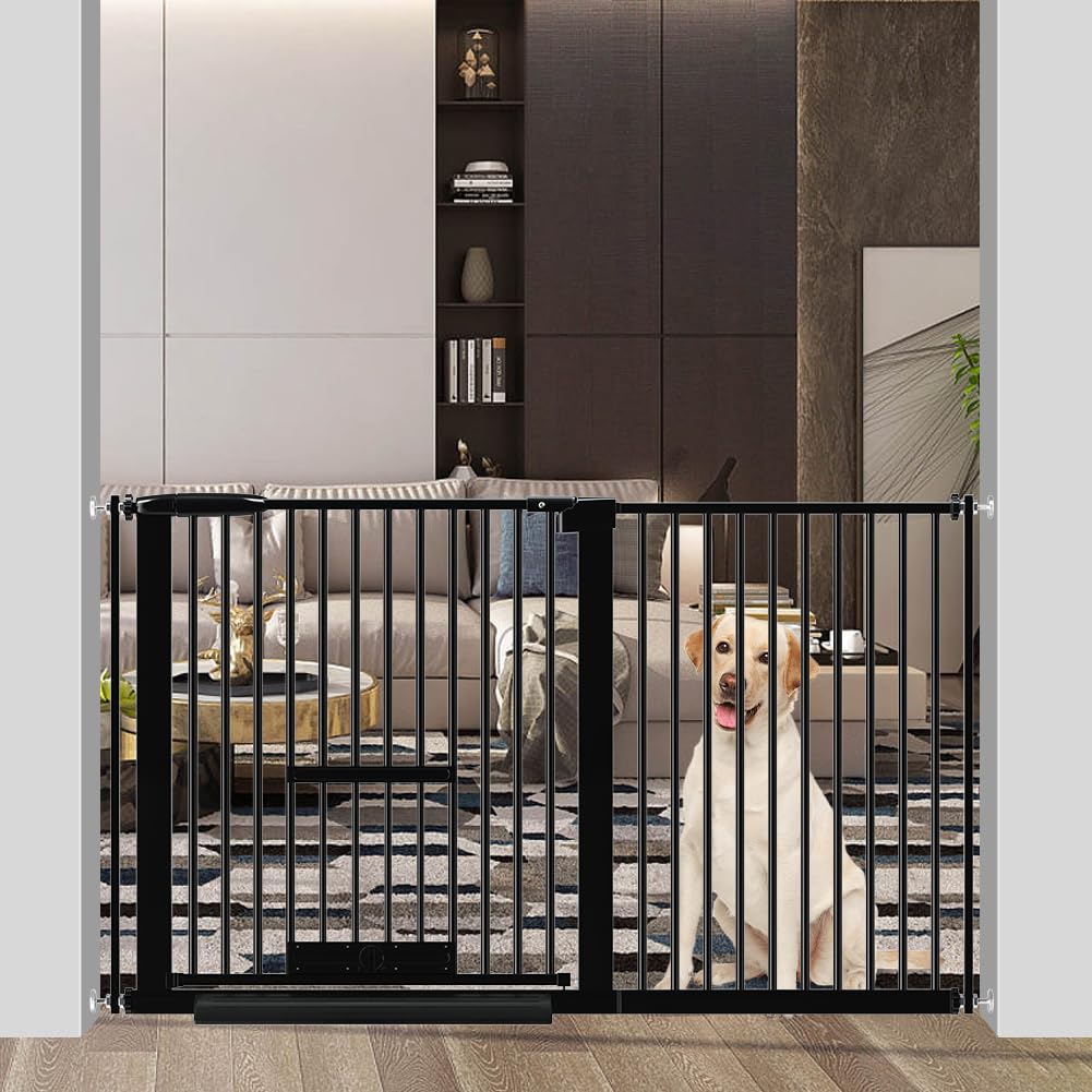 【送料無料】Seogva ペットゲート 3.5cm柵間隔 ペットドア付き 高さ78cm ペットゲート 犬 猫 ゲート ブラック ホワイト 猫用ゲート 過密フレーム付き 猫 ゲート 犬すり抜け防止フェンス つっぱり 扉付き 赤ちゃん ベビーゲート 突っ張り式 自動ロック 階段上 （設置幅12