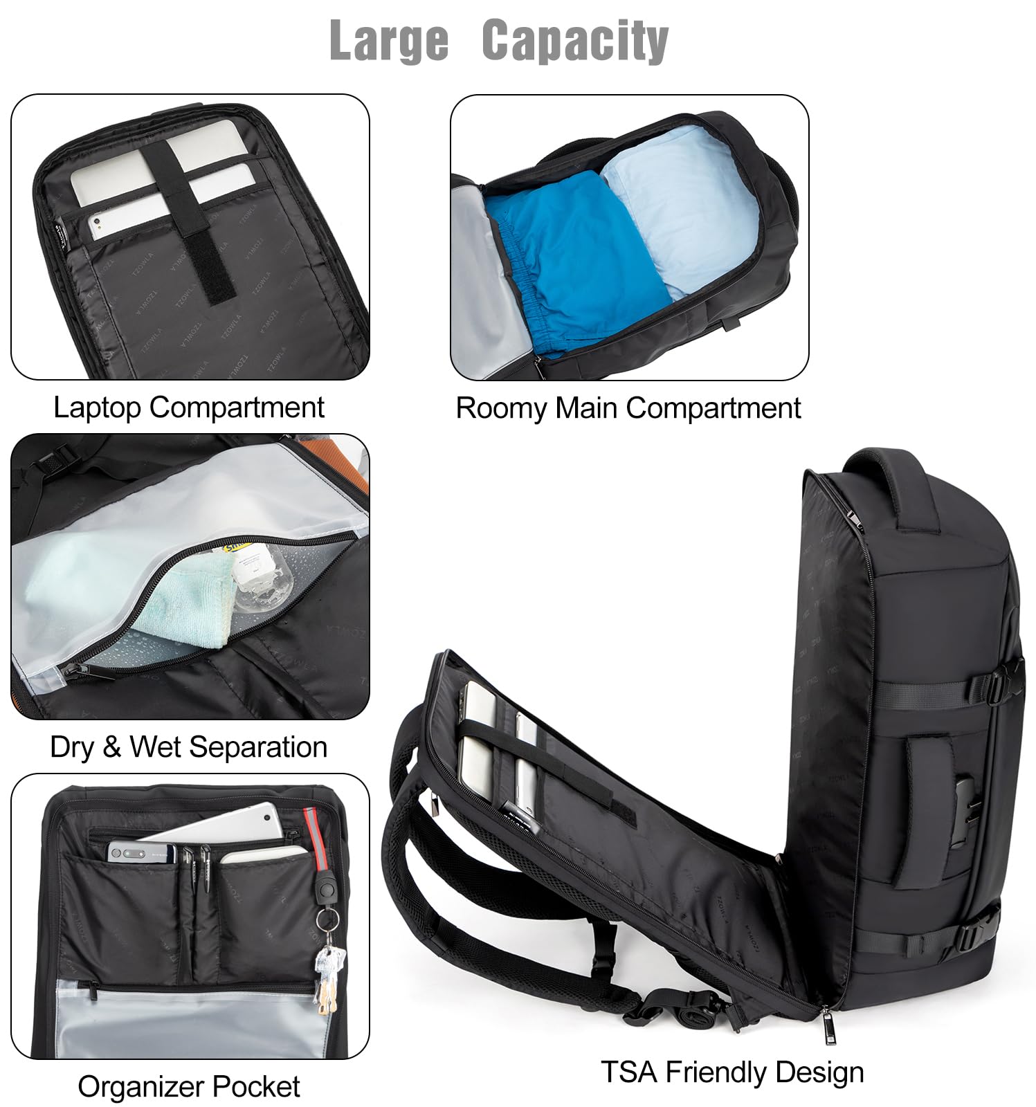 【送料無料】[Tzowla] 40L 旅行用ラップトップバックパック 機内持ち込み可 大容量 盗難防止 USBポート付き ビジネス デイパック トラベルバッグ メンズ レディース 17.3インチ - 撥水 - ブラック scintitur-10076203 サンティチュール サンプル画像3