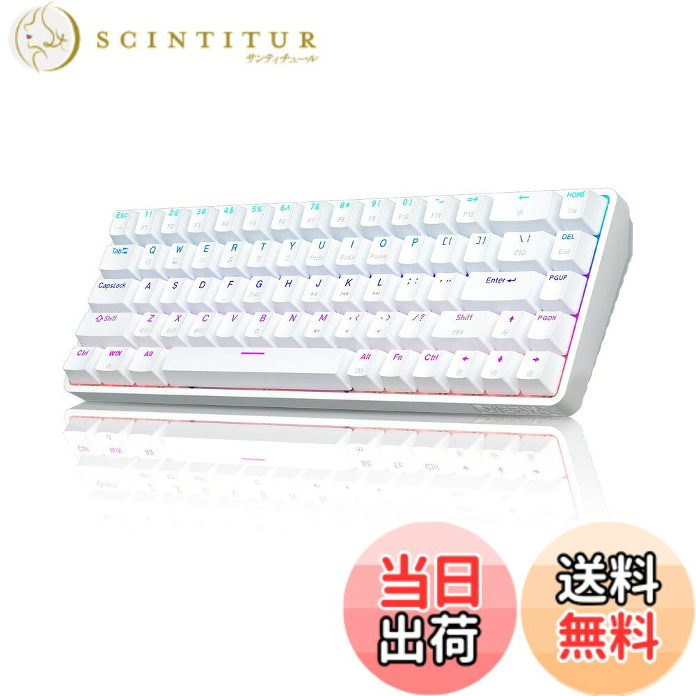 【送料無料】Dierya DK68 ワイヤレス ゲーミング キーボード-2.4G/Bluetooth/USB-C接続 60%配列 68キー 赤軸 メカニカル キーボード、3000mAhバッテリー RGBバックライト 全キー無衝突 Windows/Mac/Linux対応 英語配列 (ホワイト）