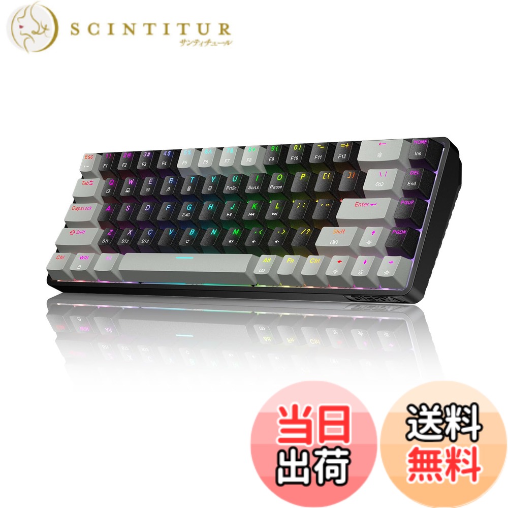 Dierya DK68 ワイヤレス ゲーミング キーボード-2.4G/Bluetooth/USB-C接続 60%配列 68キー 赤軸 メカニカル キーボード、3000mAhバッテリー RGBバックライト 全キー無衝突 Windows/Mac/Linux対応 英語配列 (グレイッシュブラック)
