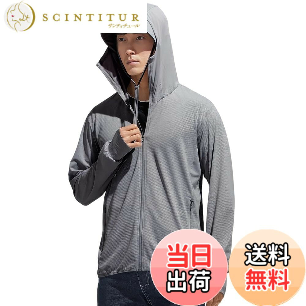 Rakuten - 【送料無料】[DMFU] ラッシュガード ラッシュパーカー メンズ 夏服 UV カットパーカー 接触冷感 涼しい 軽量 通気性 無地 体型カバー 長袖 フード付き UPF50+ 夏 アウター 日焼け対策ウェア 薄手 色：2#ダークグレー、サイズ：L