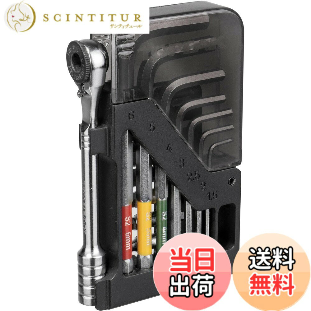 商品情報商品の説明1.5mmから6mmまでのボールポイント式L型六角レンチと小型ラチェットレンチのツールセット。 収納ケースにはラチェットレンチ用の長さ30mmのビットが7種類付属しています。 硬化スチールラチェットツール/硬化スチールビット ラチェットレンチ1/4”六角(早回しソケット付) ボールポイント式L型六角レンチ：1.5、2、2.5、3、4、5、6mm 六角レンチ：3、4、5、6、8mm トルクスレンチ：T25 (＋)ドライバー エンジニアリンググレードポリマー ケース付属 L100xW62xH16mm 170g 商品のカラー・サイズについて 商品のカラーはディスプレイの種類等により、実物と異なって見える場合がございます。 掲載商品の仕様、ロゴ等のデザインは改良のため、変更される場合がございます。 また、メーカーが発表していない寸法や個人的なフィット感についてはお答えいたしかねます。あらかじめご了承ください。主な仕様