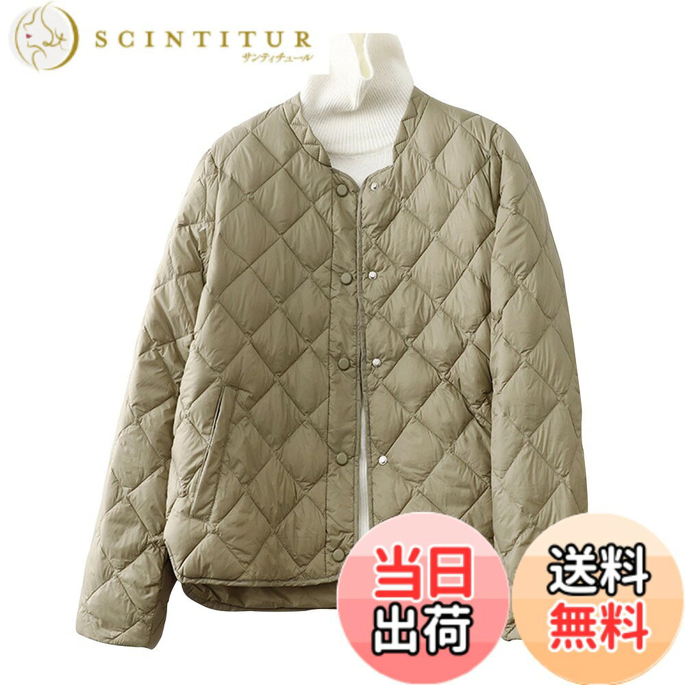 Jacket - 【送料無料】[YASHIGE] ダウンジャケット ノーカラージャケット レディース キルティング コート 秋 冬 アウター 長袖 ポケット付き シンプル 軽い 暖かい 防寒 無地 通勤 通学 四色展開 M~XL 色：グリーン、サイズ：S