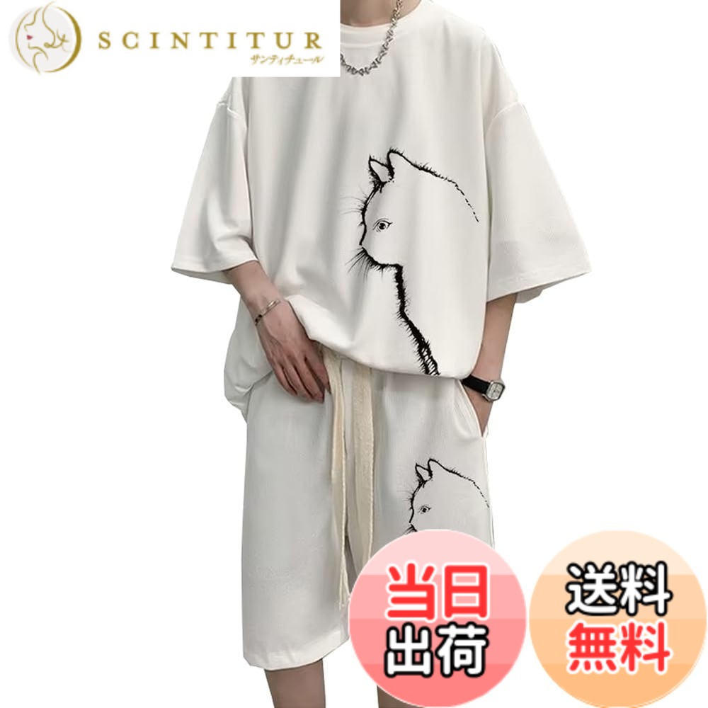 【送料無料】[Liaziong] tシャツ メンズ 上下 セット 夏服 半袖 上下2点セット 吸汗速乾カジュアル おおきいサイズ プルオーバー プリント 猫 クルーネックス おしゃれトレーナー 色：v1-ホワイト、サイズ：L
